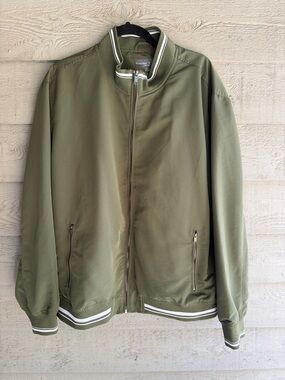 bleecker & broad Olive Green Bomber Jacket with Striped Trim